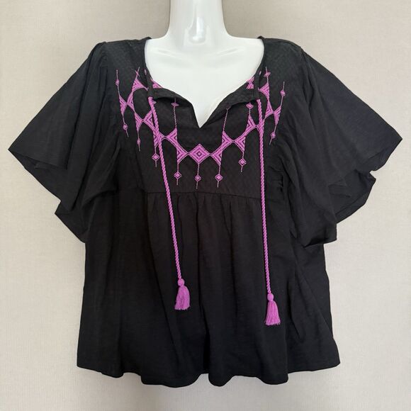 Knox Rose Shirt Womens XXL Black Magenta Flutter Short Sleeve Embroidered Top - Picture 2 of 11